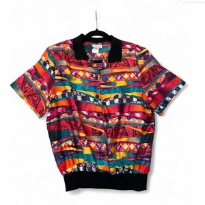 Vintage Aztec Colorful Shirt Collar Southwest Multicolor Retro 80s Blouse Tribal